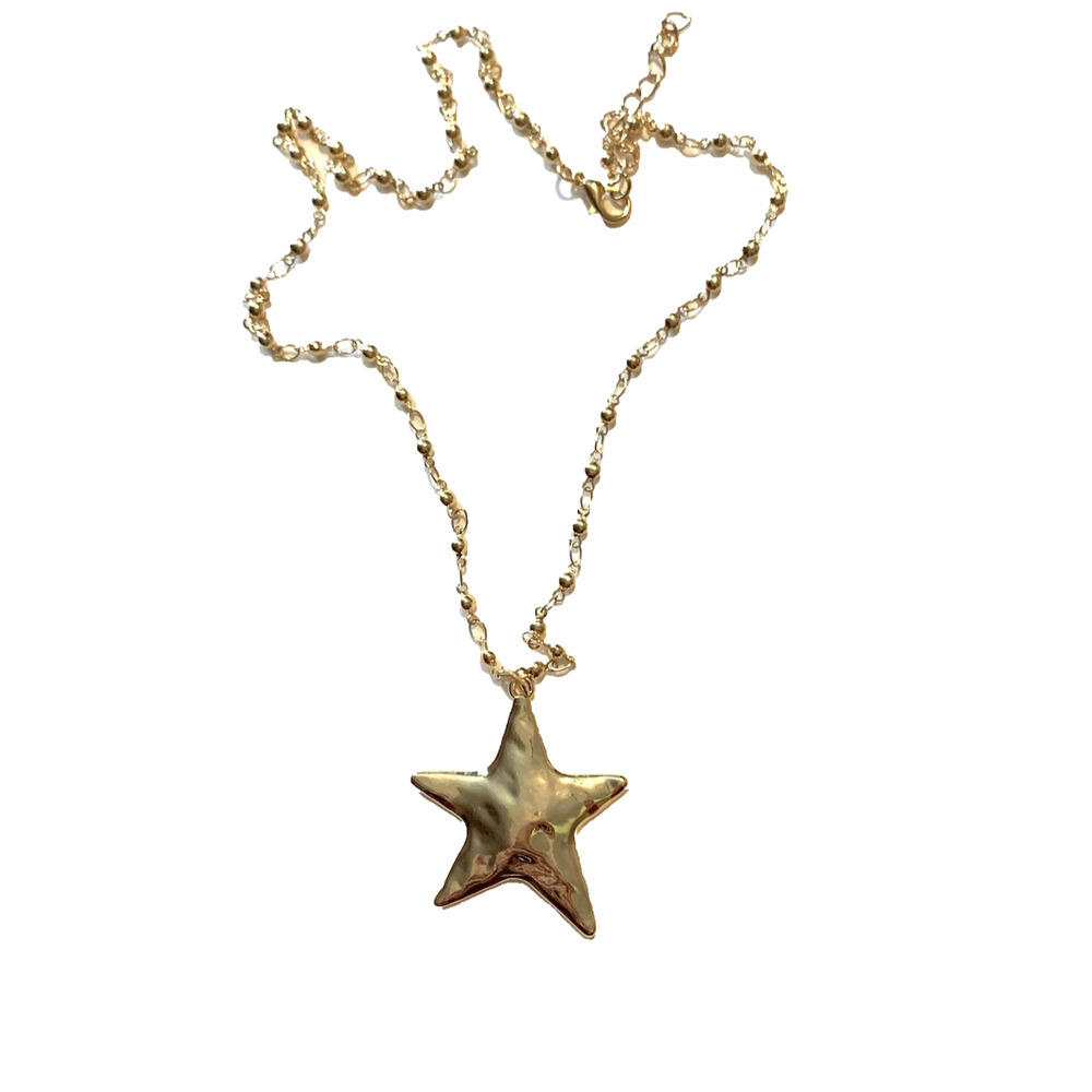 Patriotic Abstract Gold Tone Star Necklace Pendant Hammered Bead Station Chain